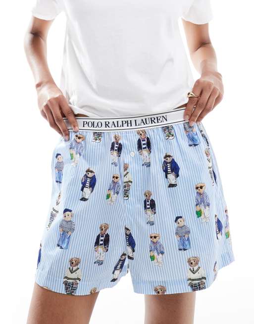 Polo Ralph Lauren – Niebieskie bokserki do spania we wzór w paski z motywem misiów na całej powierzchni