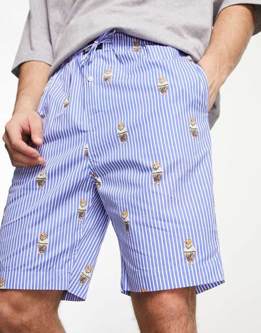 Polo Ralph Lauren – Niebieskie szorty dresowe z tkaniny z nadrukiem w misie na całości