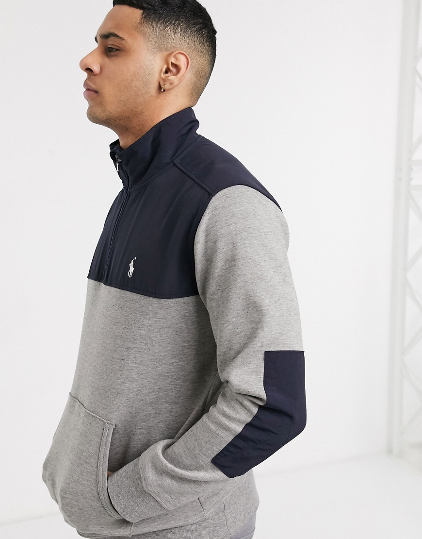 Polo Ralph Lauren - Nylon sweatshirt met korte rits en logo in gemêleerd grijs en marineblauw