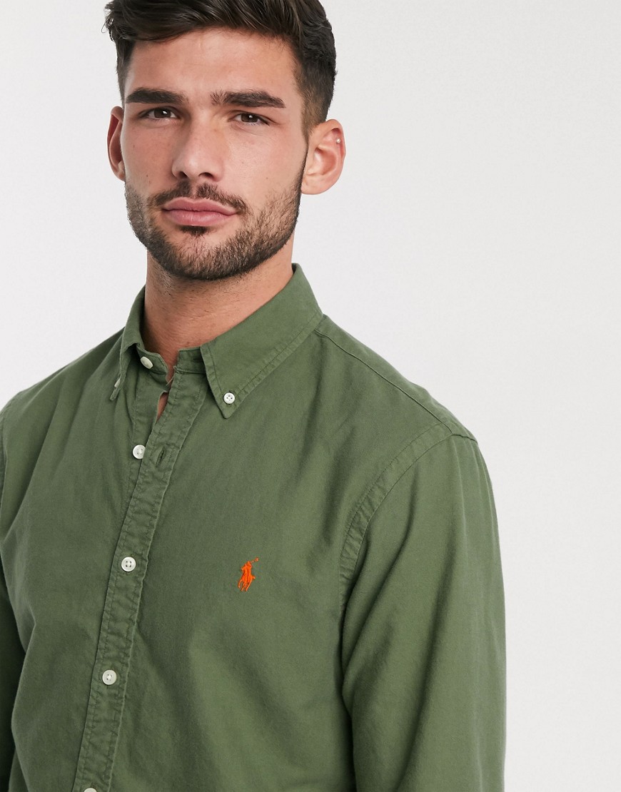 Polo Ralph Lauren – Olivgrön, färgad oxfordskjorta med spelarelogga och smal passform