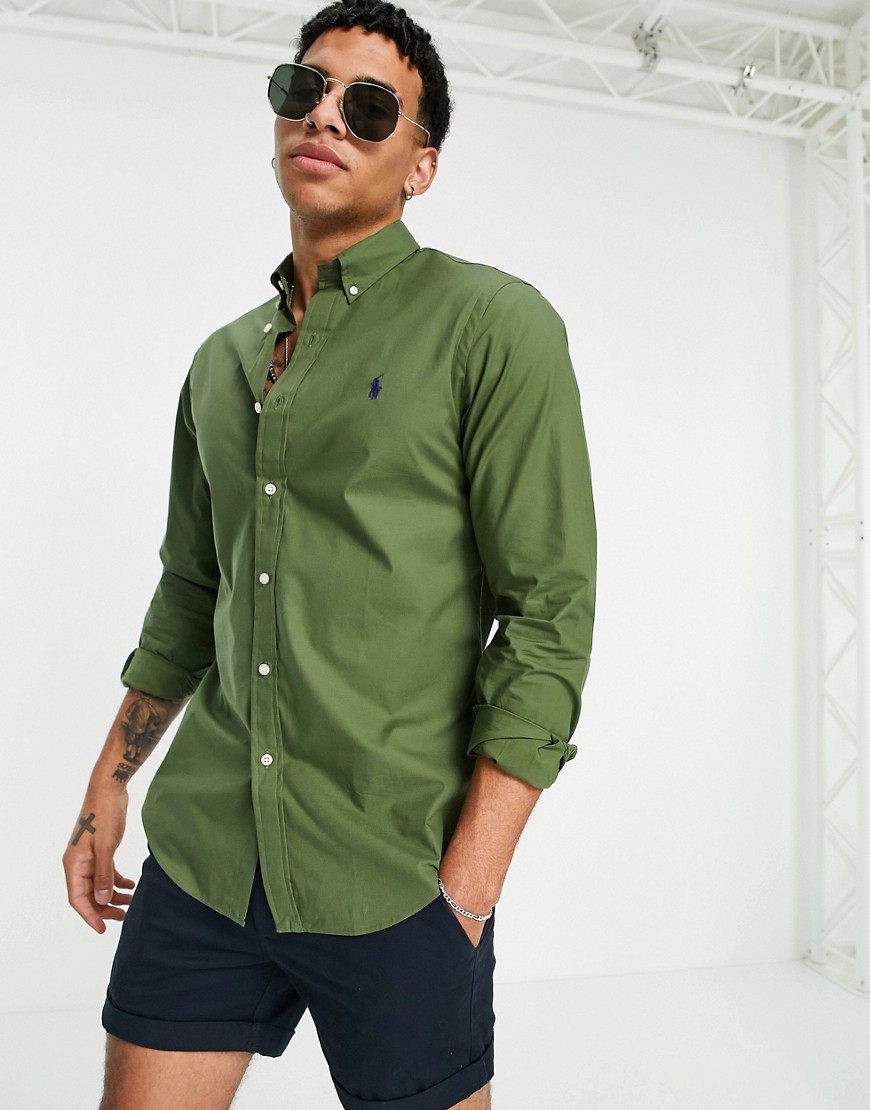 Polo Ralph Lauren – Olivgrön poplinskjorta i slim fit med spelarlogga