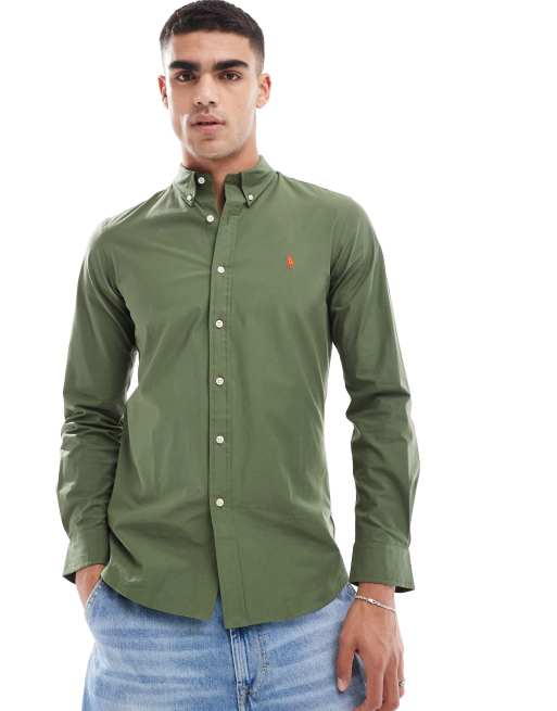 Polo Ralph Lauren – Olivgrön poplinskjorta med smal passform och klassisk logga
