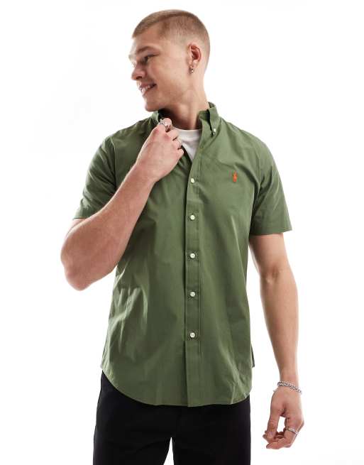 Polo Ralph Lauren – Oliwkowa koszula popelinowa z krótkimi rękawami i logo