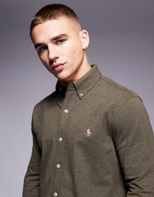 Polo Ralph Lauren – Oliwkowa melanżowa koszula z piki z logo