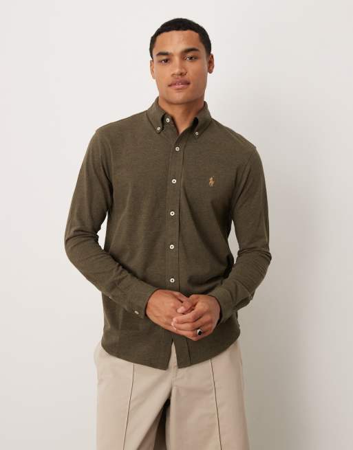 Polo Ralph Lauren – Oliwkowa melanżowa koszula z piki z logo