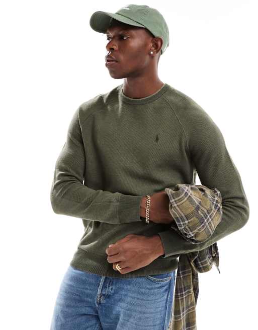 Polo Ralph Lauren – Oliwkowozielony sweter z bawełnianej dzianiny z logo
