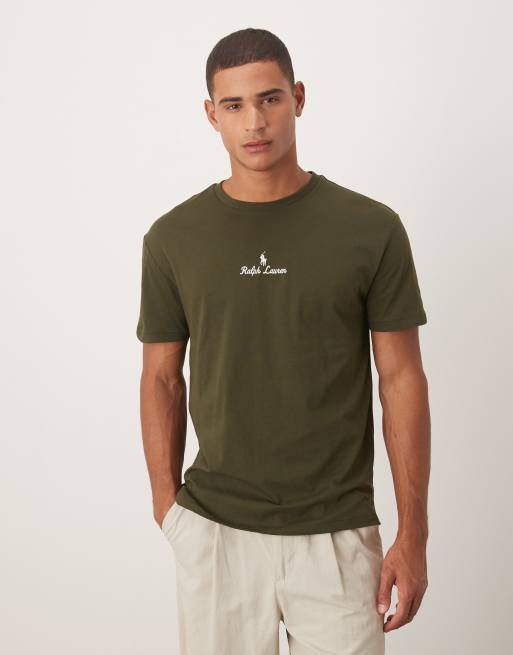 Polo Ralph Lauren – Oliwkowy klasyczny T-shirt oversize z napisem z logo na środku