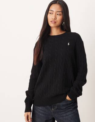 Polo Ralph Lauren - Oversize-Strickpullover aus Wolle in Schwarz mit Zopfmuster