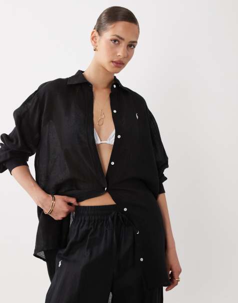Polo Ralph Lauren oversized cotton linen boyfriend shirt in black - view 1