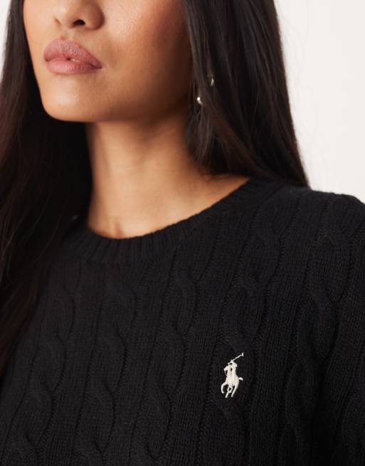 Polo Ralph Lauren oversized fit wool cable knit jumper in black, 2 of 4