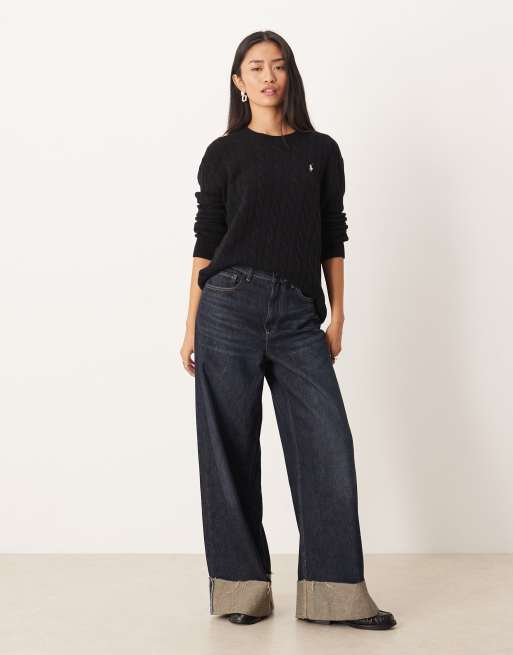 Polo Ralph Lauren oversized fit wool cable knit jumper in black, 3 of 4
