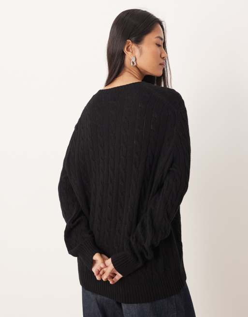 Polo Ralph Lauren oversized fit wool cable knit jumper in black, 4 of 4