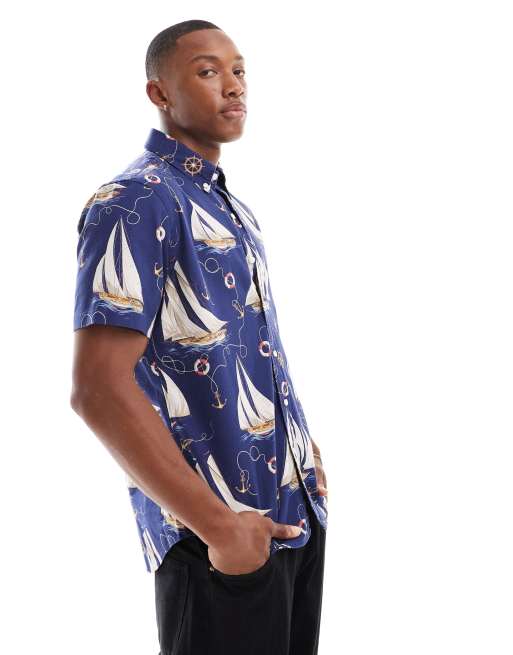 Polo Ralph Lauren - Oxford overhemd met korte mouwen en roer- en ankerprint in marineblauw