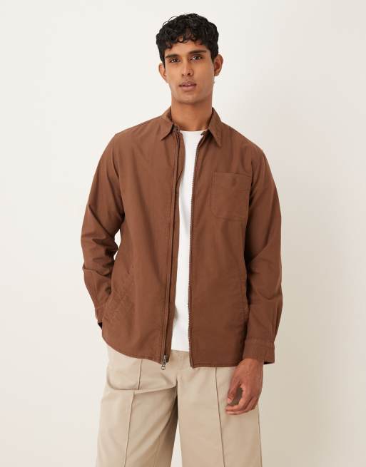 Polo Ralph Lauren - Oxford overshirt met spelerslogo en rits voor in bruine garment-dye