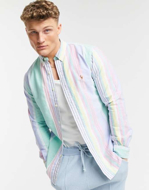 Polo Ralph Lauren oxford player logo multi stripe shirt button down slim  fit in green/pink multi | ASOS