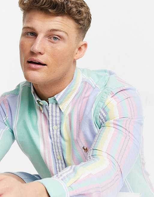 Polo Ralph Lauren oxford player logo multi stripe shirt button down slim  fit in green/pink multi
