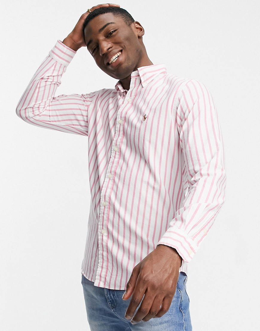 Polo Ralph Lauren oxford player logo wide stripe shirt button down custom regular fit in pink/white