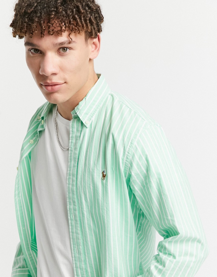 Polo Ralph Lauren oxford player logo yarn dyed stripe shirt button down custom regular fit in green/white