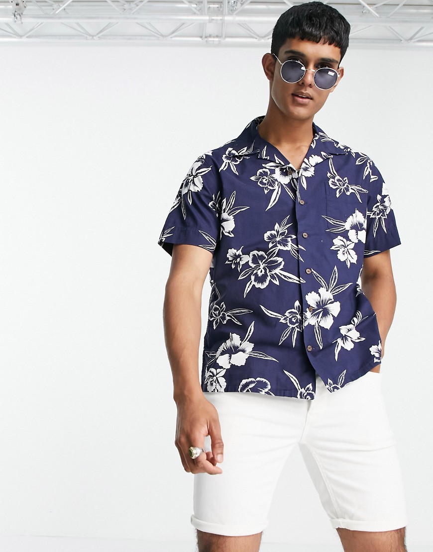 Polo Ralph Lauren pacific hibiscus print short sleeve revere collar shirt custom regular fit in navy