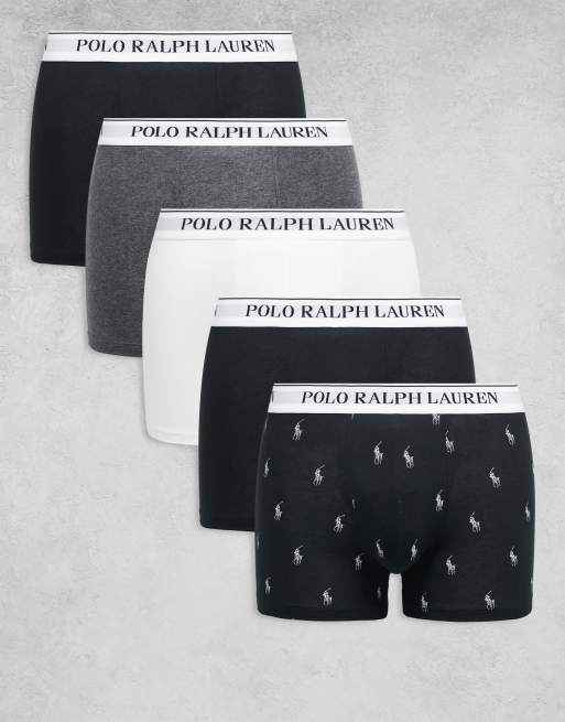 Polo Ralph Lauren - Pakke med 5 par klassiske boksershorts i hvid/sort/gråmeleret med logo-taljebånd og ensfarvet design/logoprint