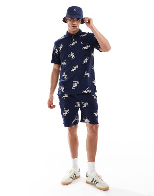 Polo Ralph Lauren - Pantaloncini della tuta in spugna blu navy con motivo con logo sportivo rétro in coordinato