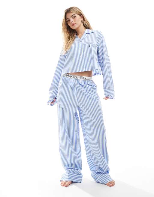 Polo Ralph Lauren - Pantaloni del pigiama in popeline blu a righe con fascia in vita elasticizzata con logo