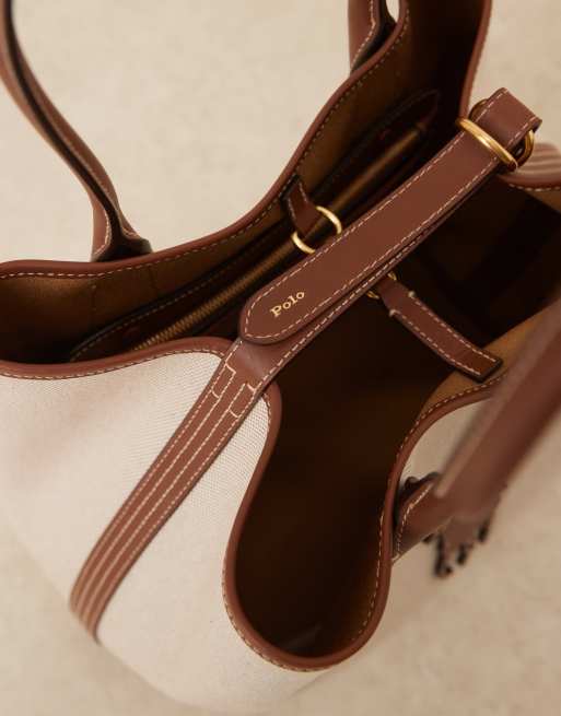 Polo Ralph Lauren - Petit cabas en cuir et toile à logo - Beige, 3 de 4