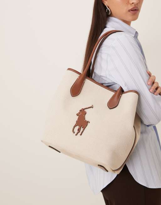 Polo Ralph Lauren - Petit cabas en cuir et toile à logo - Beige, 4 de 4