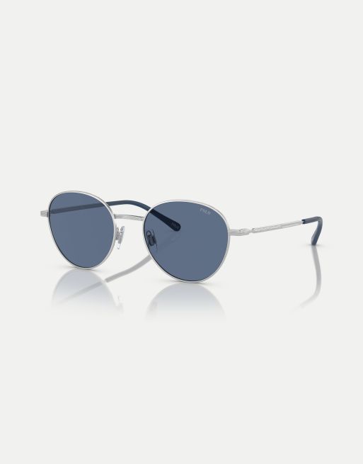 Polo Ralph Lauren - Ph3144 - Occhiali da sole rotondi argento semi-lucido con lenti blu