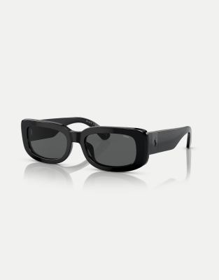 Polo Ralph Lauren - Ph4191u - Rechteckige Sonnenbrille in glänzendem Schwarz mit grauen Gläsern