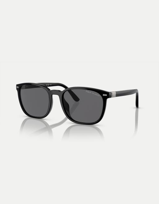 Polo Ralph Lauren – Ph4208u – Eckige Sonnenbrille in glänzendem Schwarz mit grauen, polarisierten Gläsern 