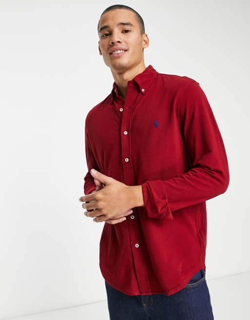 Polo Ralph Lauren – Pikee-Hemd in Dunkelrot mit Knopfleiste und Markenlogo
