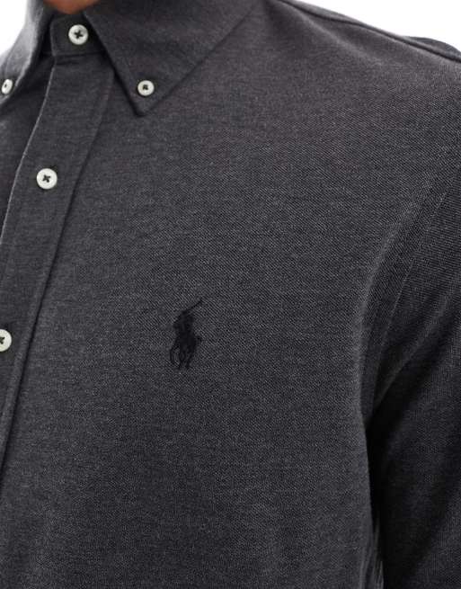 Polo Ralph Lauren – Pikee-Hemd in meliertem Anthrazit mit Markenlogo, 4 von 4