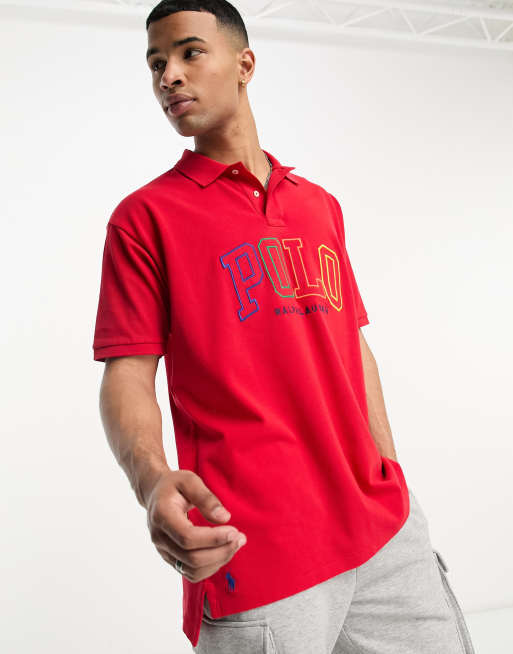 Polo Ralph Lauren – Pikee-Polohemd in Rot mit großem buntem Logo und Oversize-Schnitt