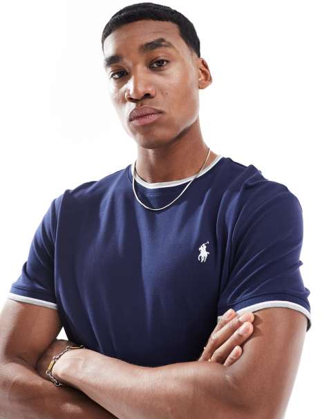 Polo Ralph Lauren – Pikee-T-Shirt in Marineblau mit Markenlogo, Zierstreifen und klassischem Oversize-Schnitt - view 1
