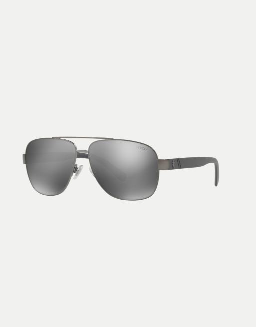 Polo Ralph Lauren - Pilot - Occhiali da sole grigio canna di fucile scuro semi-lucido con lenti specchiate 
