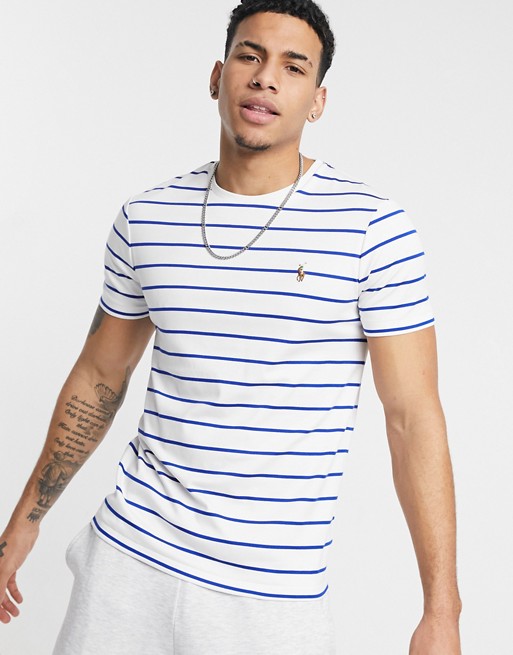 Polo Ralph Lauren pima cotton player logo stripe t-shirt in white/sapphire star