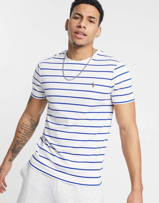 Polo Ralph Lauren pima cotton player logo stripe t shirt in white sapphire star