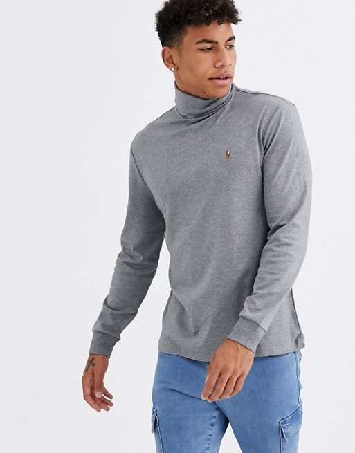 Polo Ralph Lauren pima cotton roll neck multi player logo long sleeve top in dark grey marl