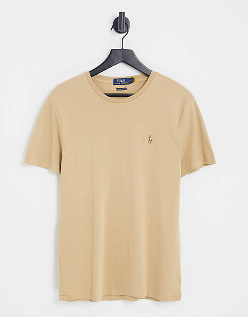 Polo Ralph Lauren pima cotton slim fit t-shirt in beige with multi pony ...