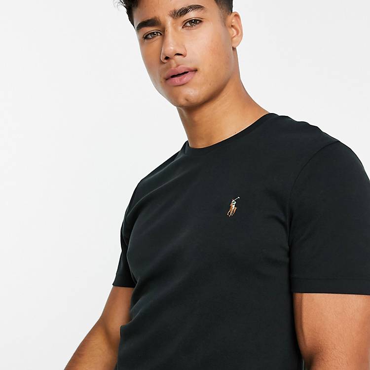 Polo Ralph Lauren pima cotton slim fit t-shirt in black with multi pony logo  | ASOS