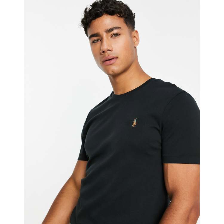 Polo Ralph Lauren pima cotton slim fit t-shirt in black with multi pony  logo | ASOS