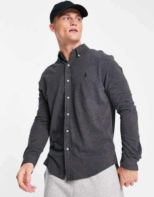 Polo Ralph Lauren - Piqué overhemd met iconisch logo en knoopsluiting in gemêleerd donkergrijs