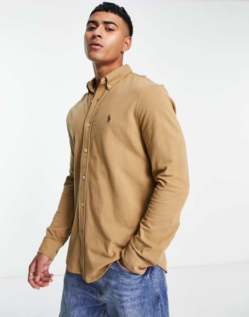 Polo Ralph Lauren - Piqué overhemd met iconisch logo en knopen in kaki beige