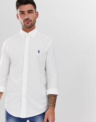 polo ralph lauren slim fit pique shirt player logo button down in white