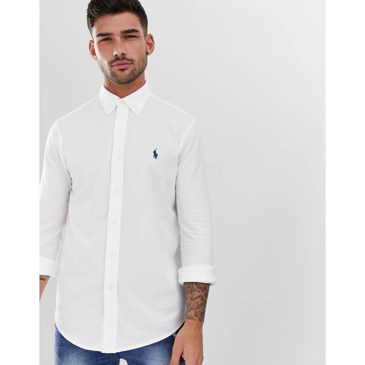 Polo ralph lauren slim fit pique shirt player logo button down in white hotsell