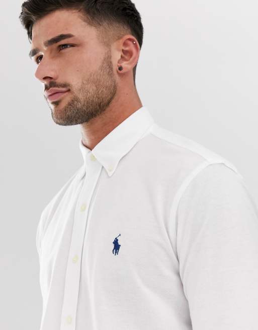 Polo ralph lauren slim fit pique shirt player sale logo button down in white