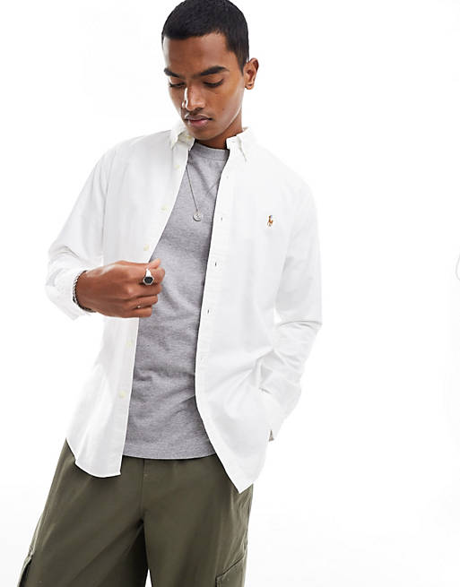 Polo Ralph Lauren pique shirt slim fit button down player logo in white ...