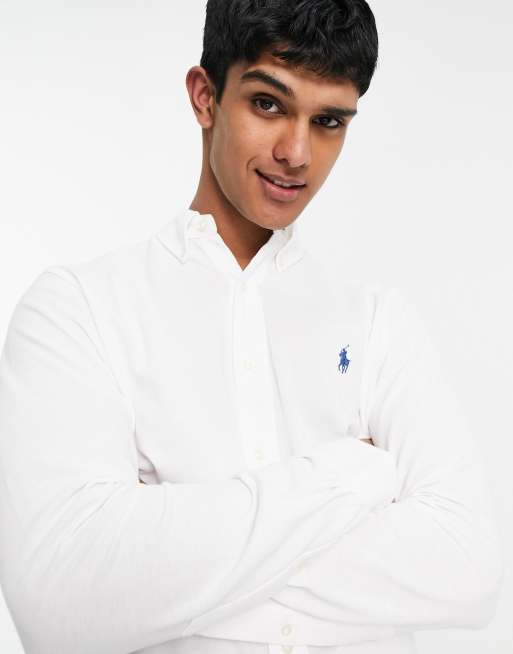 Polo Ralph Lauren pique shirt slim fit button down player logo in white |  ASOS