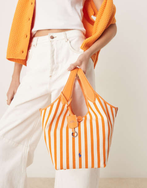 Polo Ralph Lauren Play stripe canvas leather medium tote bag in orange peel/white - view 1